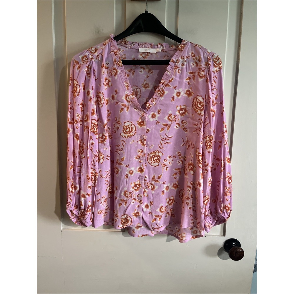 Lush Blouse Womens Small Pink Floral Rayon Balloon Sleeve Button Front V Neck